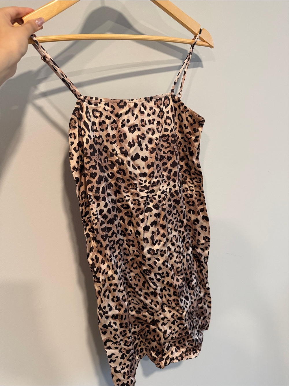 Leopard Print Satin Mini Slip Dress - Beige